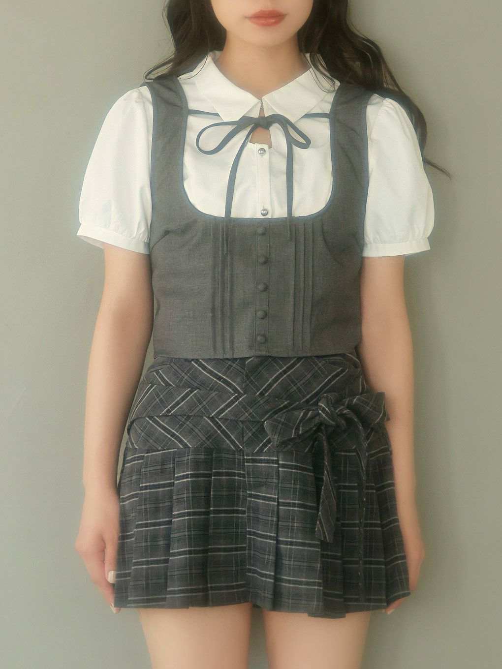 【BUBBLES】リボンベストレイヤードブラウス