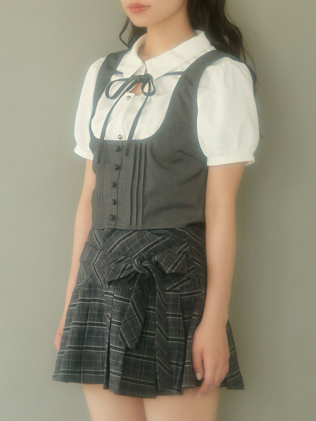 【BUBBLES】リボンベストレイヤードブラウス