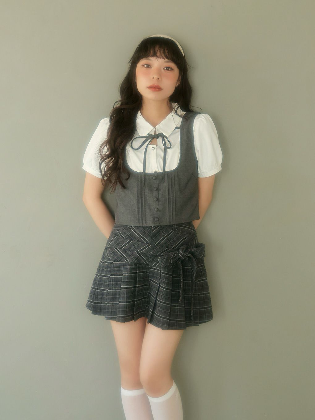 【BUBBLES】リボンベストレイヤードブラウス