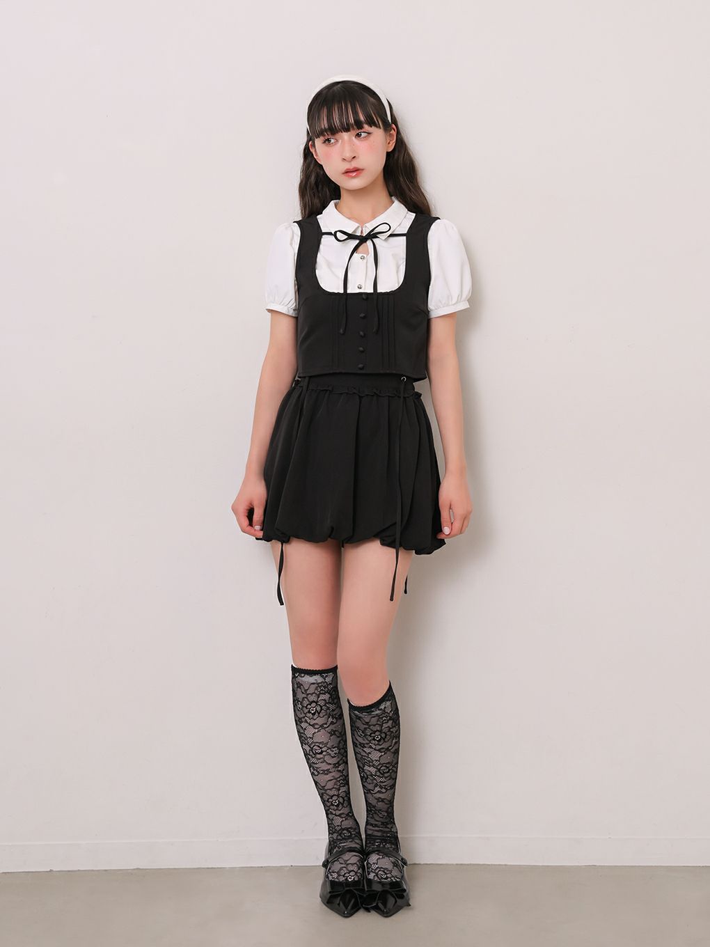 【BUBBLES】リボンベストレイヤードブラウス