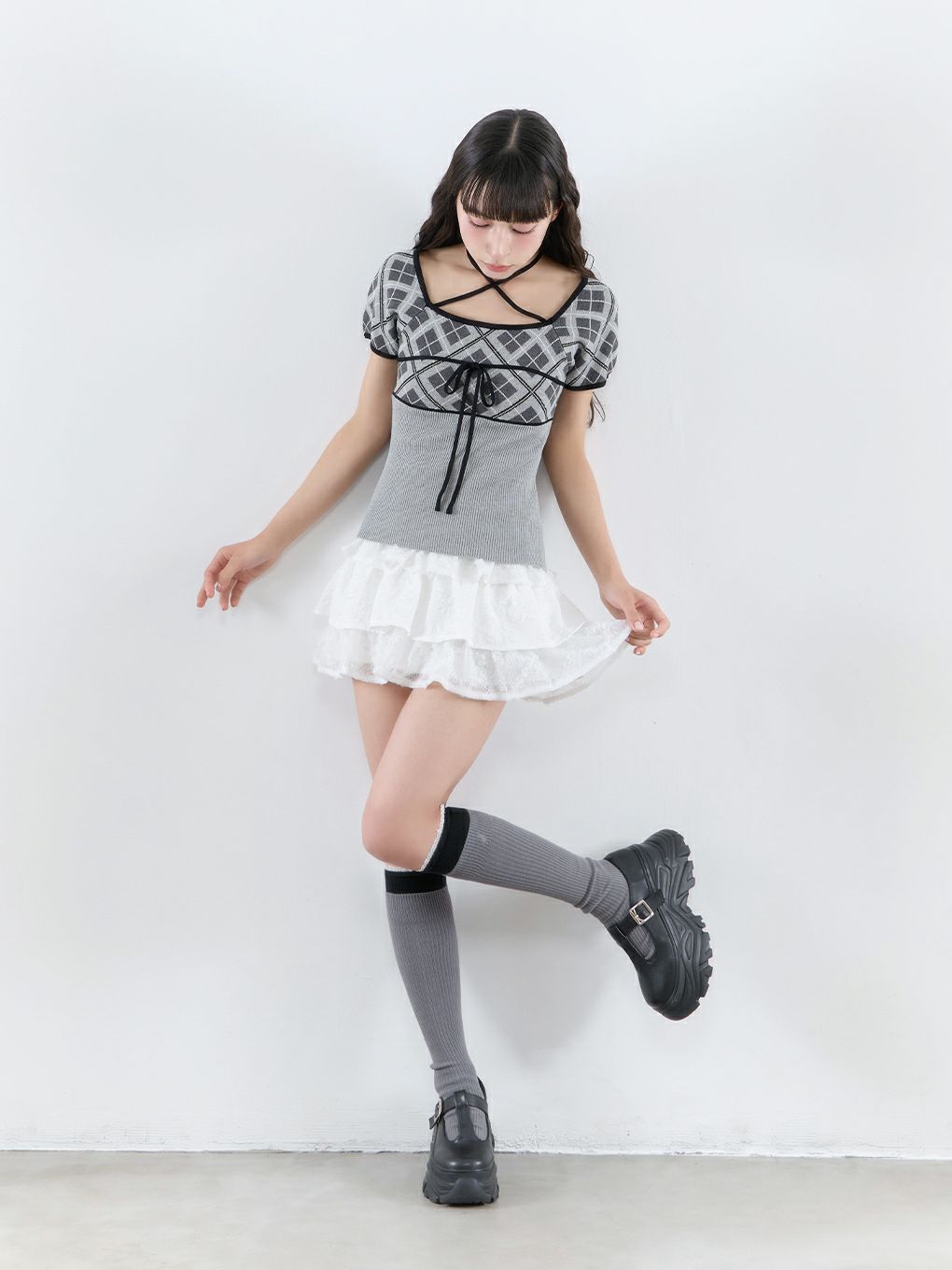 【BUBBLES】チェックジャガードトップス