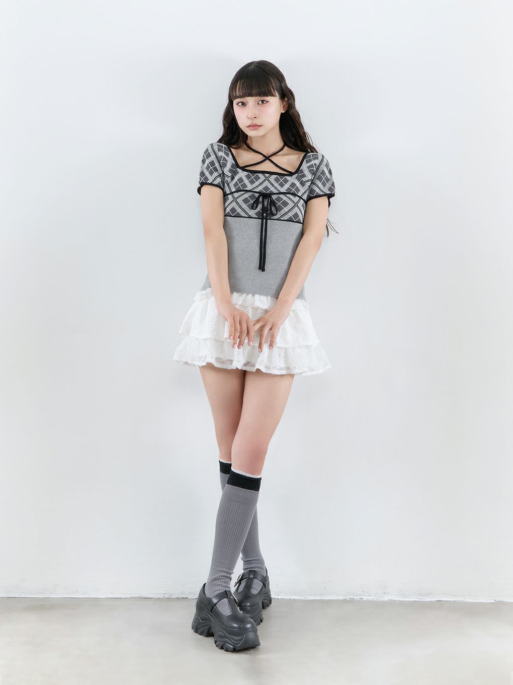 【BUBBLES】チェックジャガードトップス