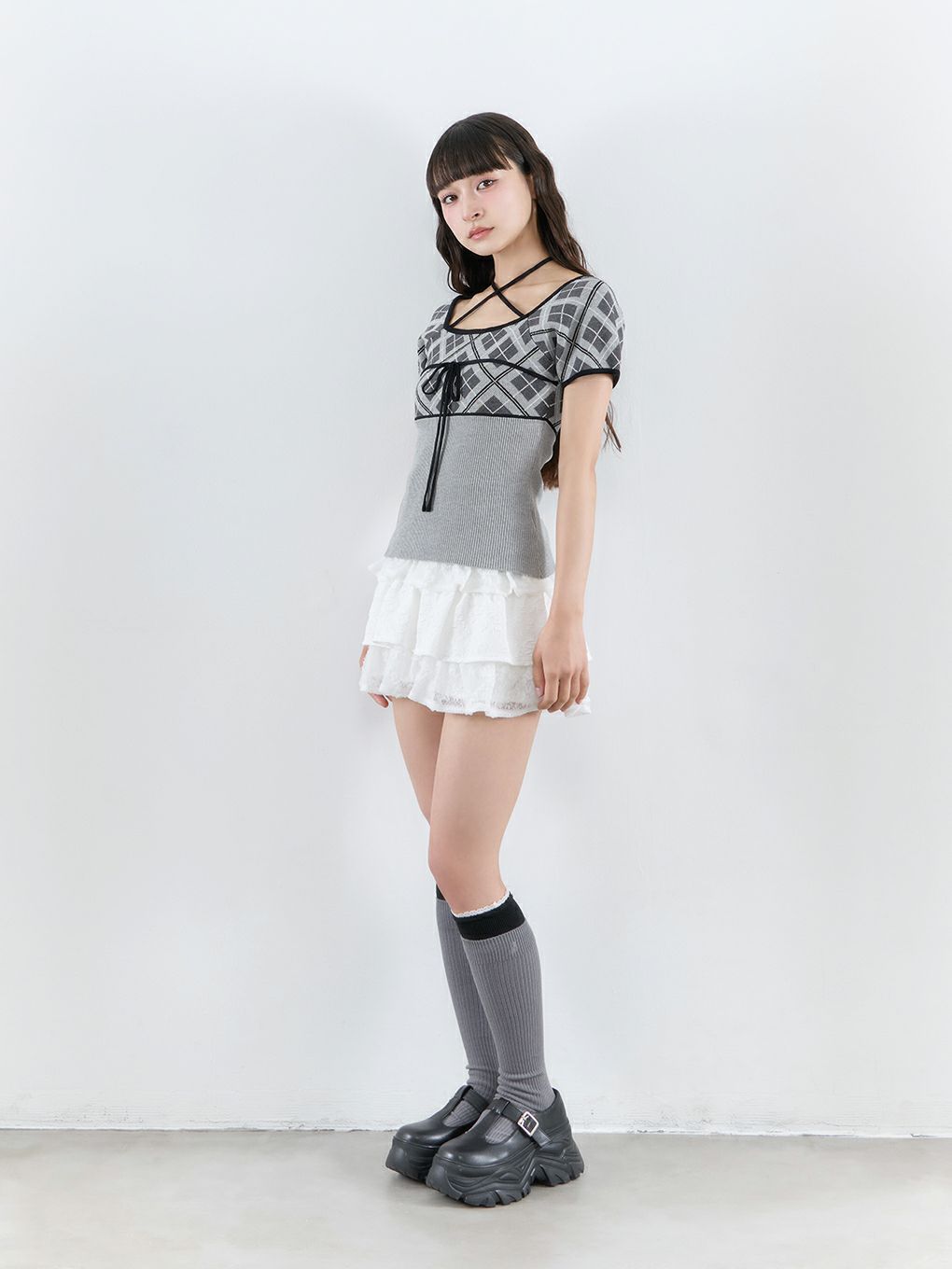 【BUBBLES】チェックジャガードトップス