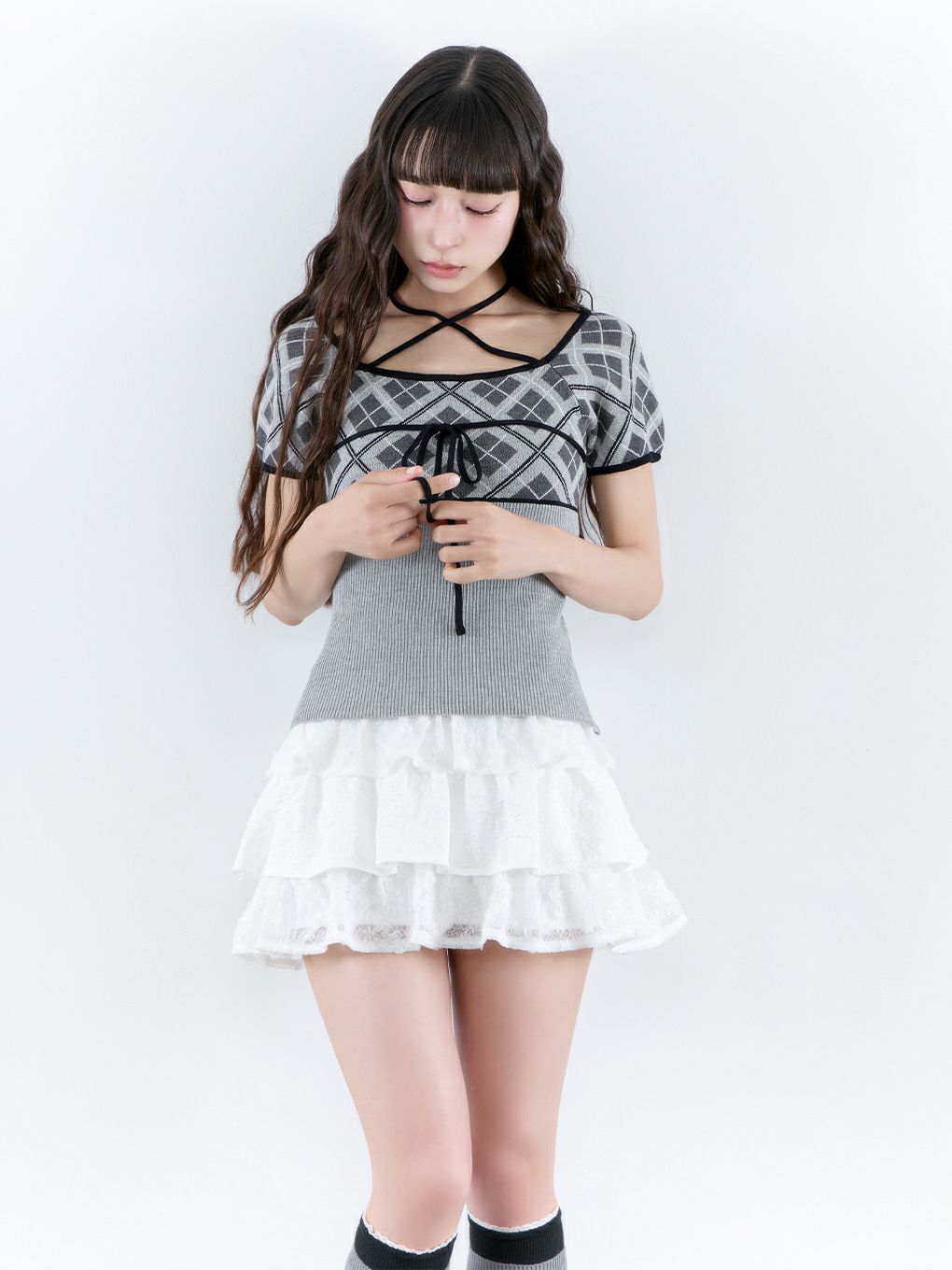 【BUBBLES】チェックジャガードトップス