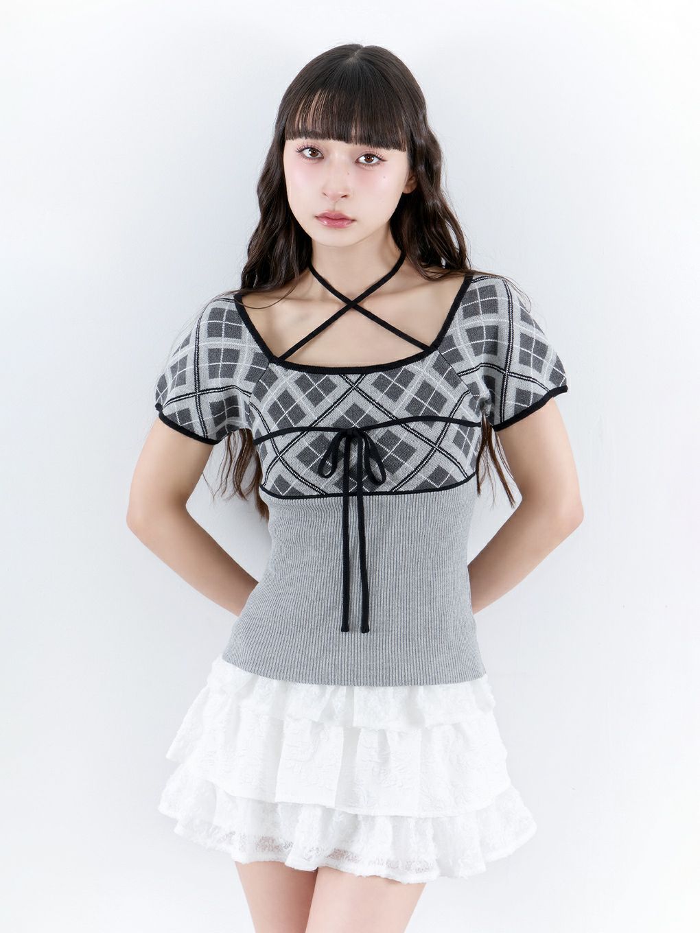 【BUBBLES】チェックジャガードトップス