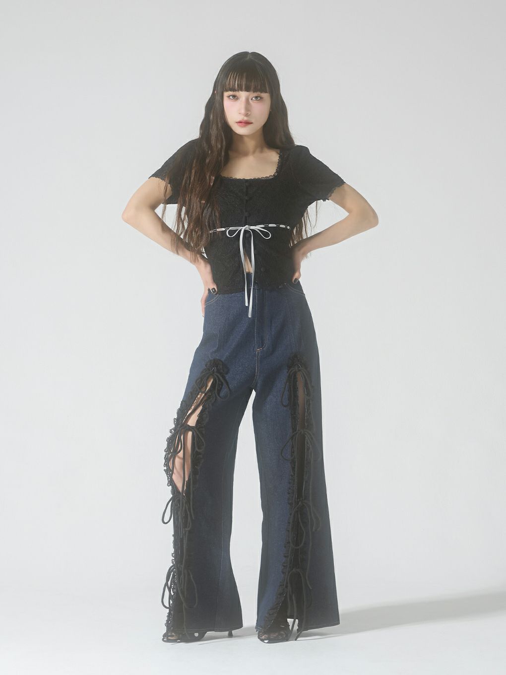【BUBBLES】レースリボンデニムパンツ