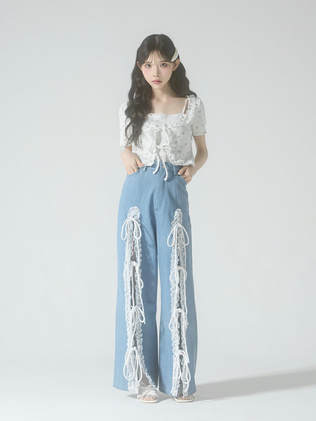 【BUBBLES】レースリボンデニムパンツ