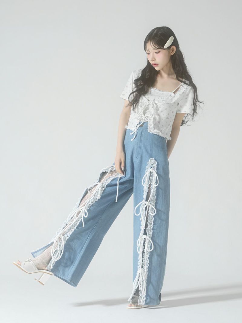 CandyStripper レースリボンデニムパンツ　新品未使用 セール】Lace repaired damaged wide straight denim pants