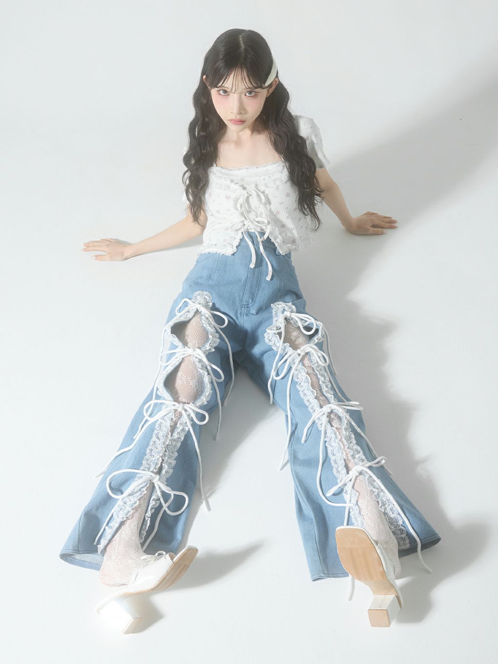 【BUBBLES】レースリボンデニムパンツ