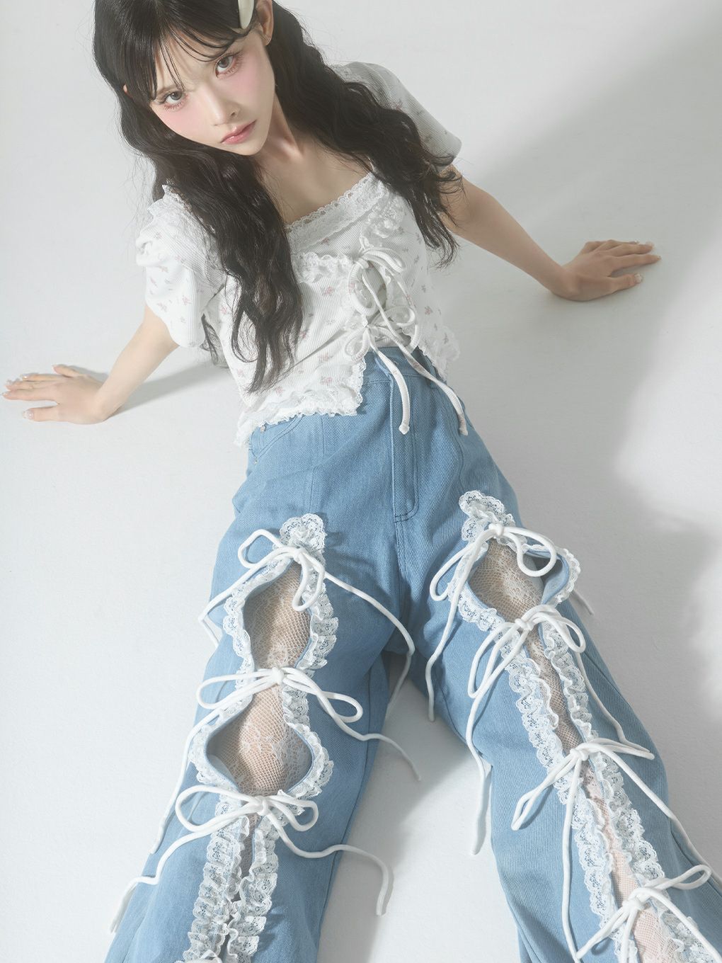 【BUBBLES】レースリボンデニムパンツ