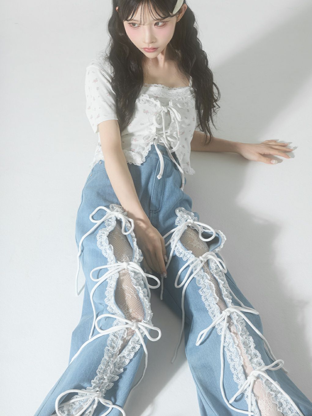 【BUBBLES】レースリボンデニムパンツ