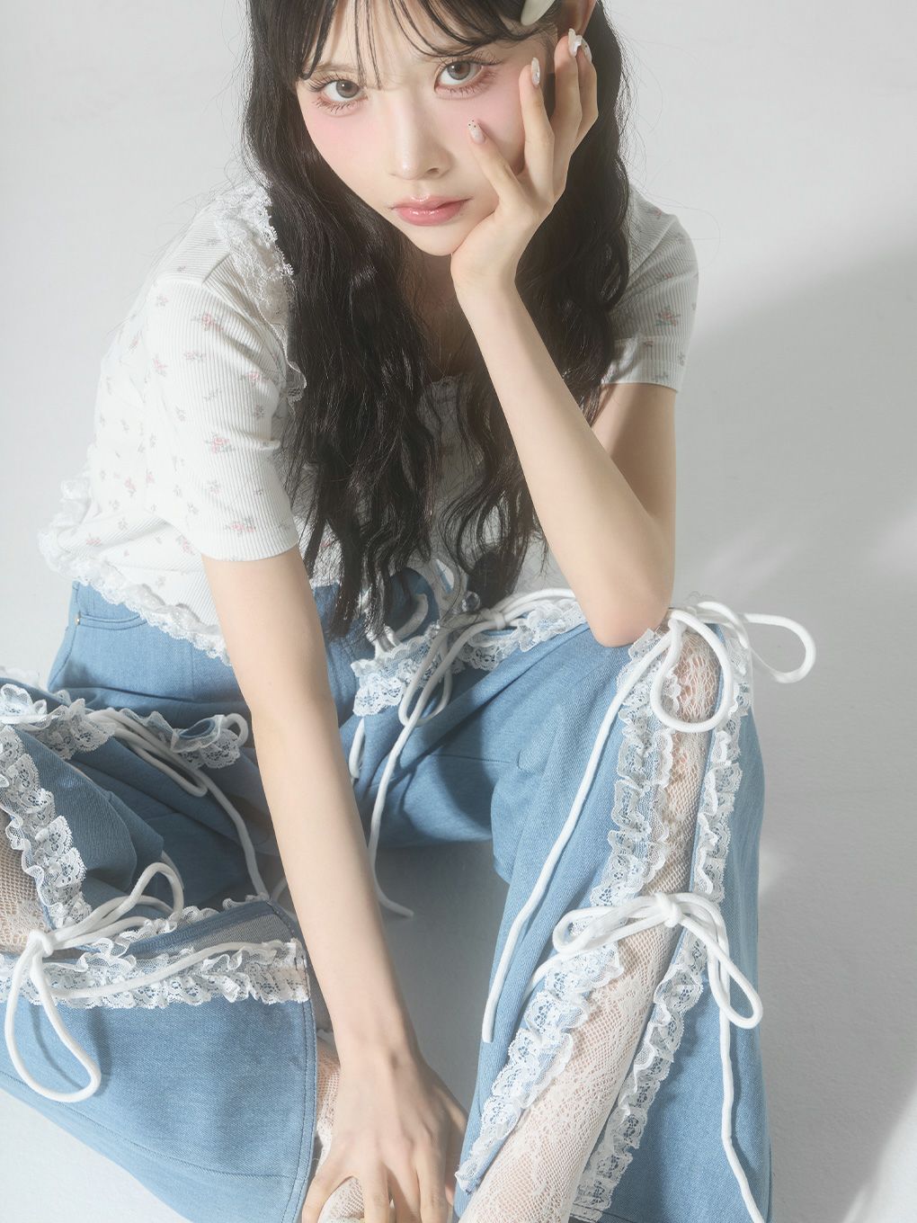 【BUBBLES】レースリボンデニムパンツ