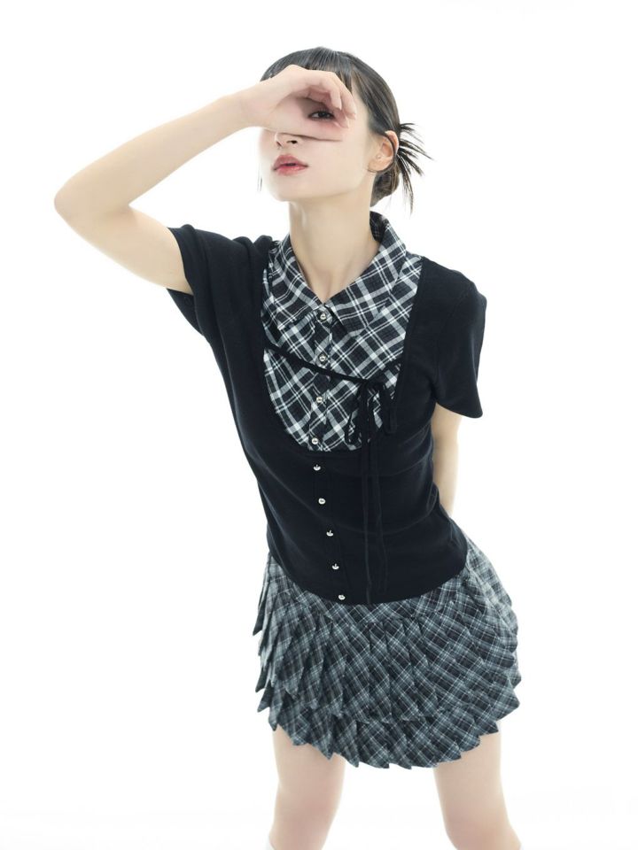 バブルス パターンリボントップス グレーチェック TOPS | sparkling mall online store