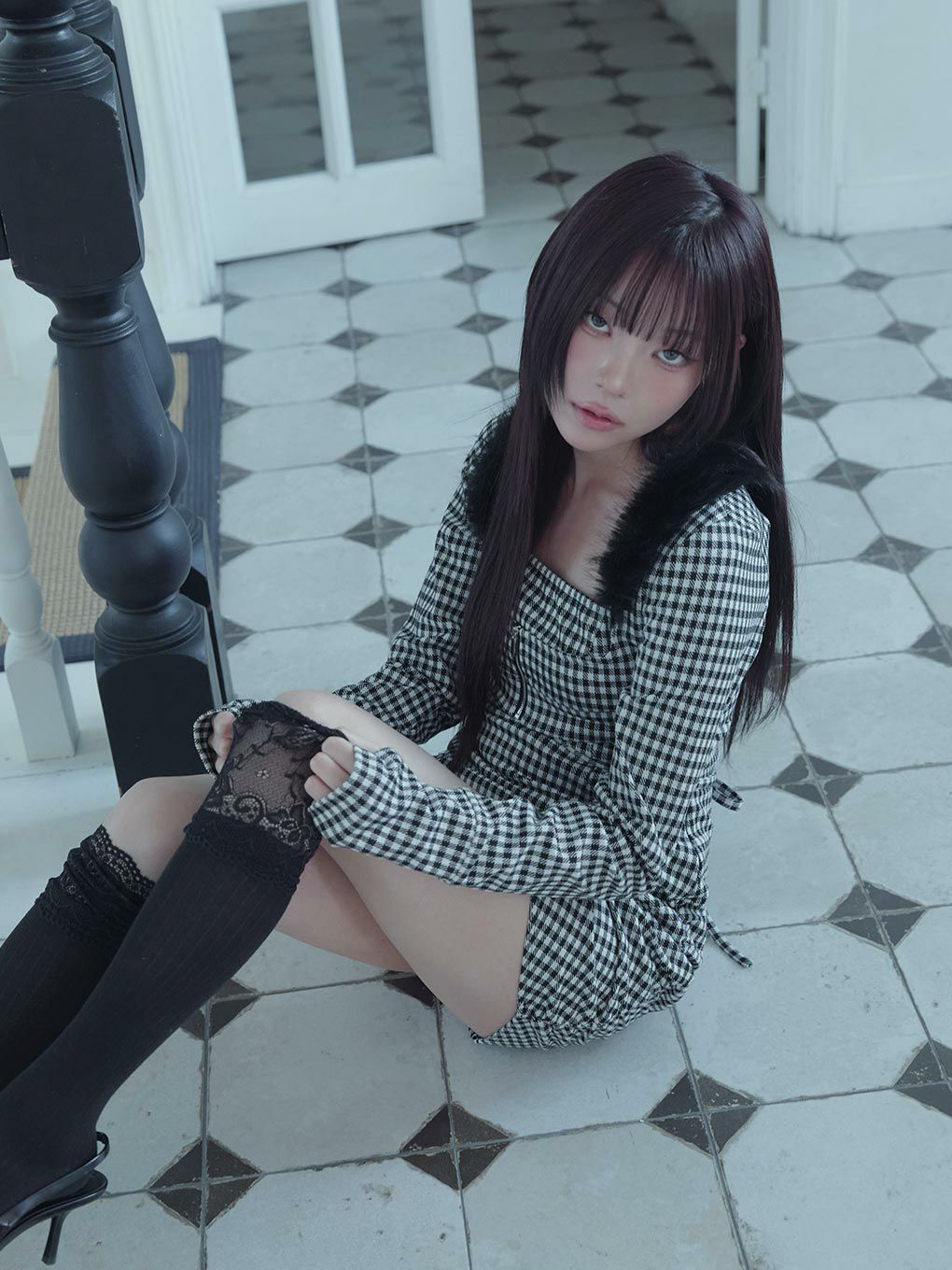 【BUBBLES】ファーカラークロスワンピース