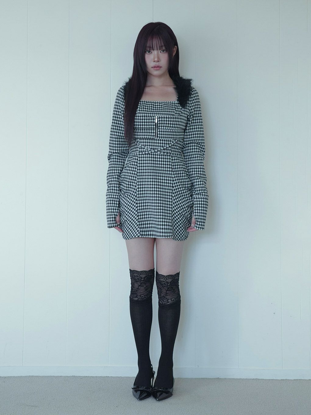 【BUBBLES】ファーカラークロスワンピース