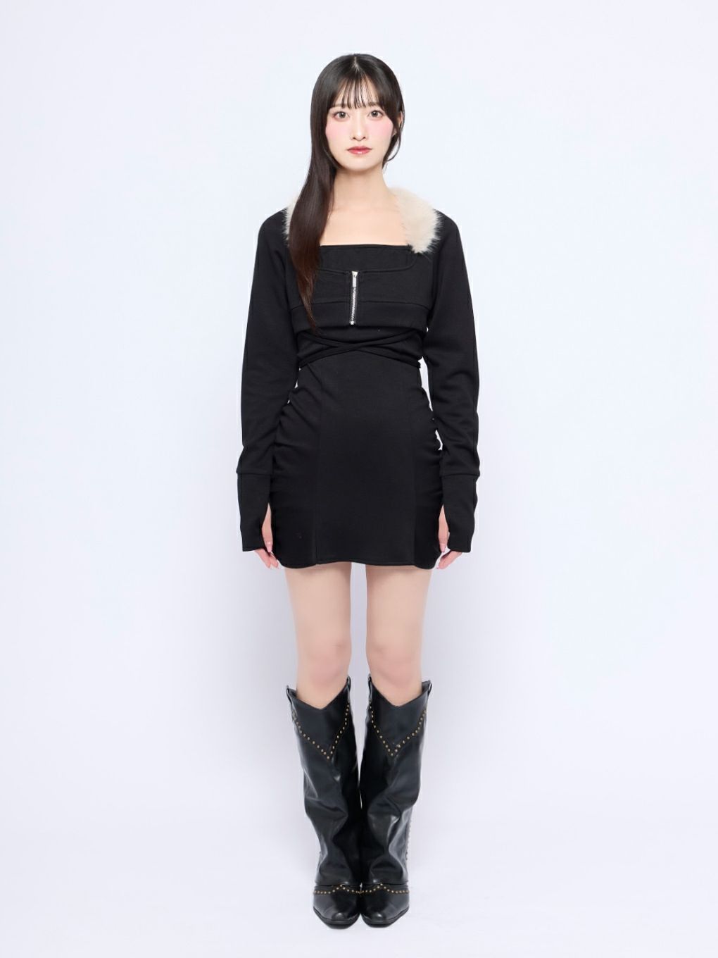 【BUBBLES】ファーカラークロスワンピース