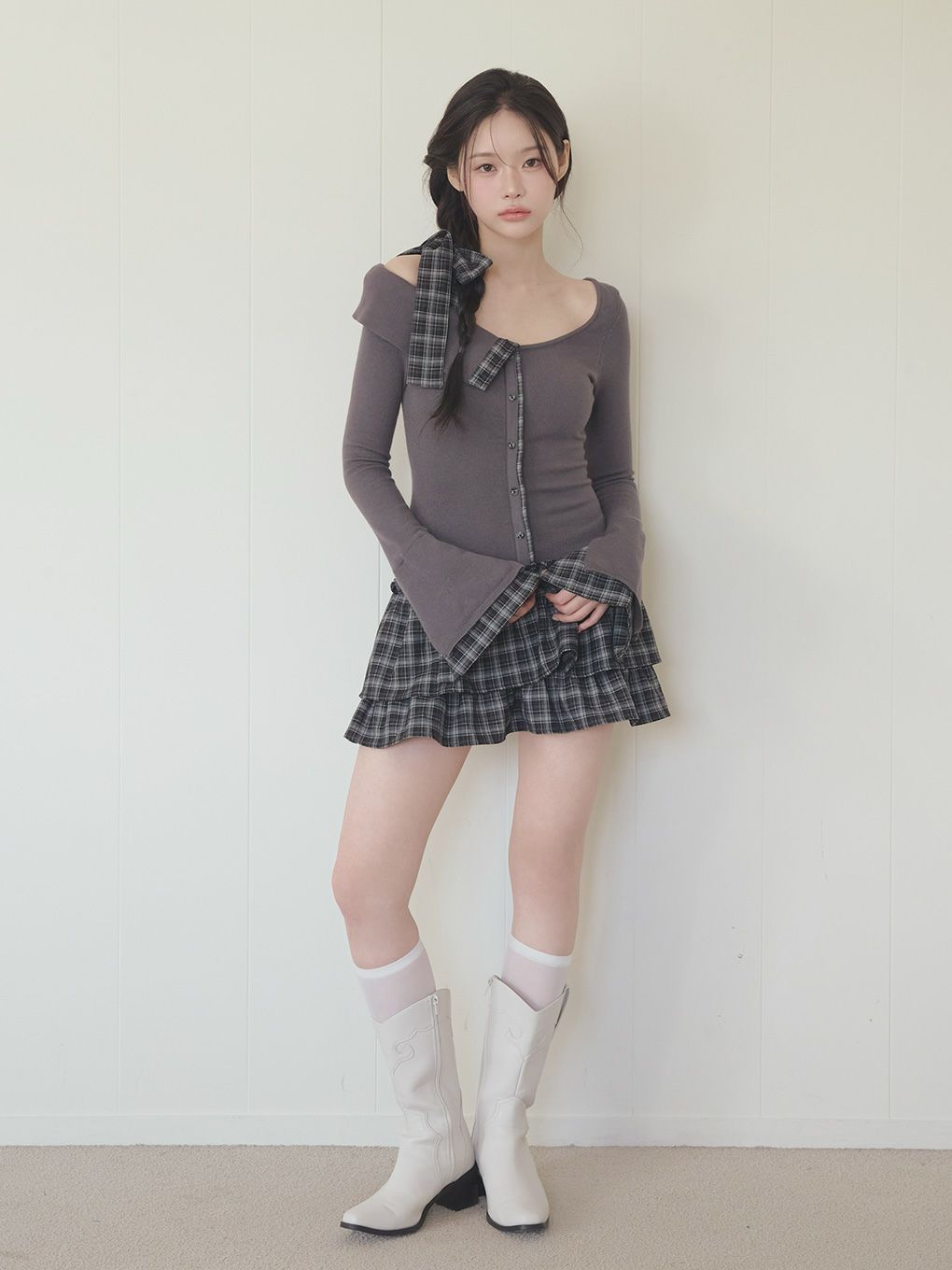 【BUBBLES】チェックリボンワンショルワンピース