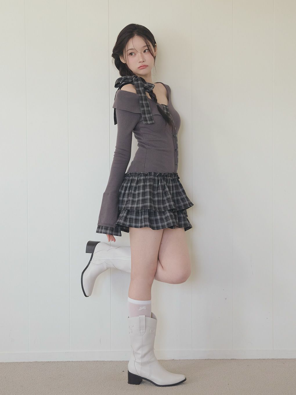 【BUBBLES】チェックリボンワンショルワンピース