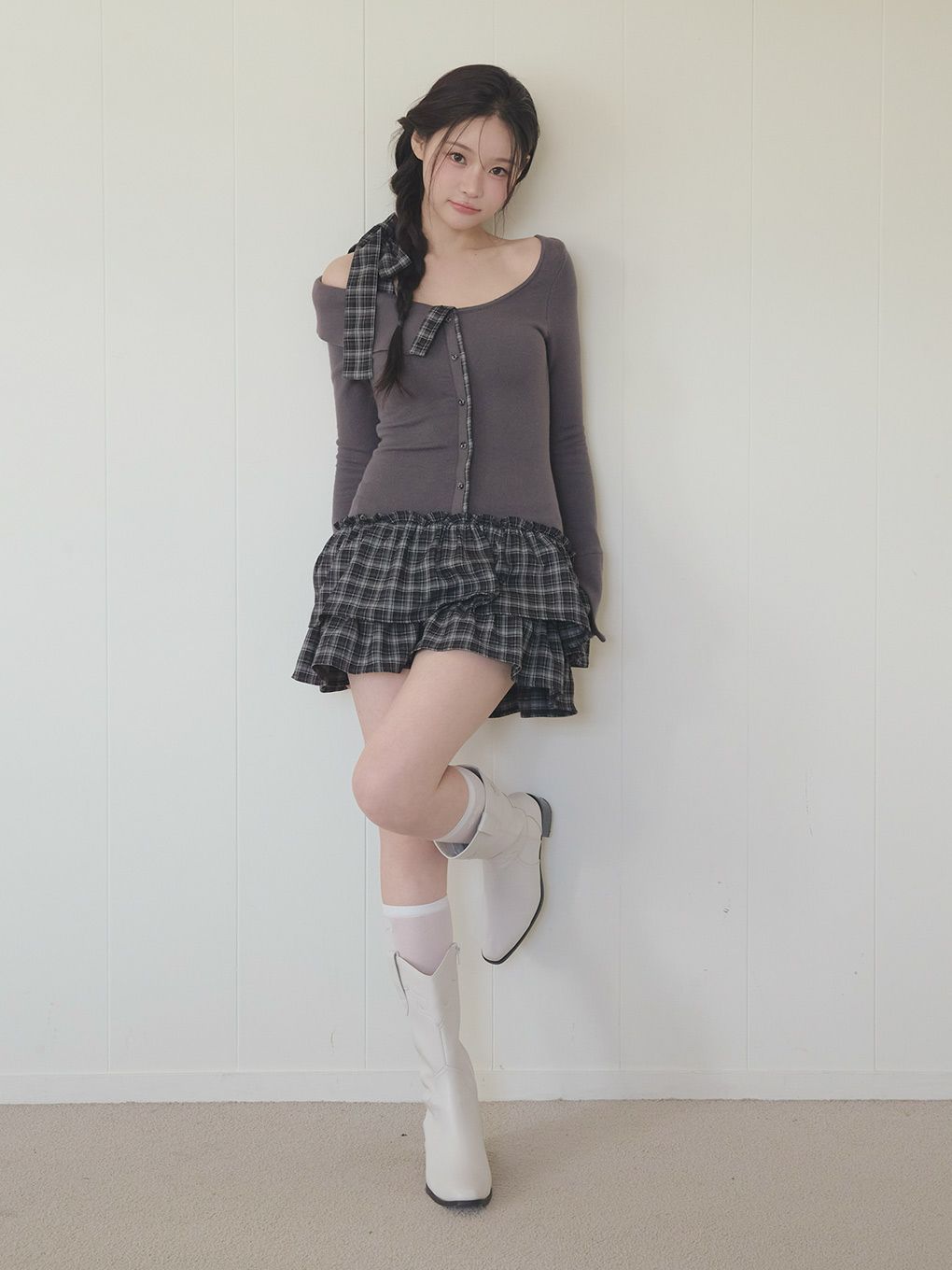 【BUBBLES】チェックリボンワンショルワンピース