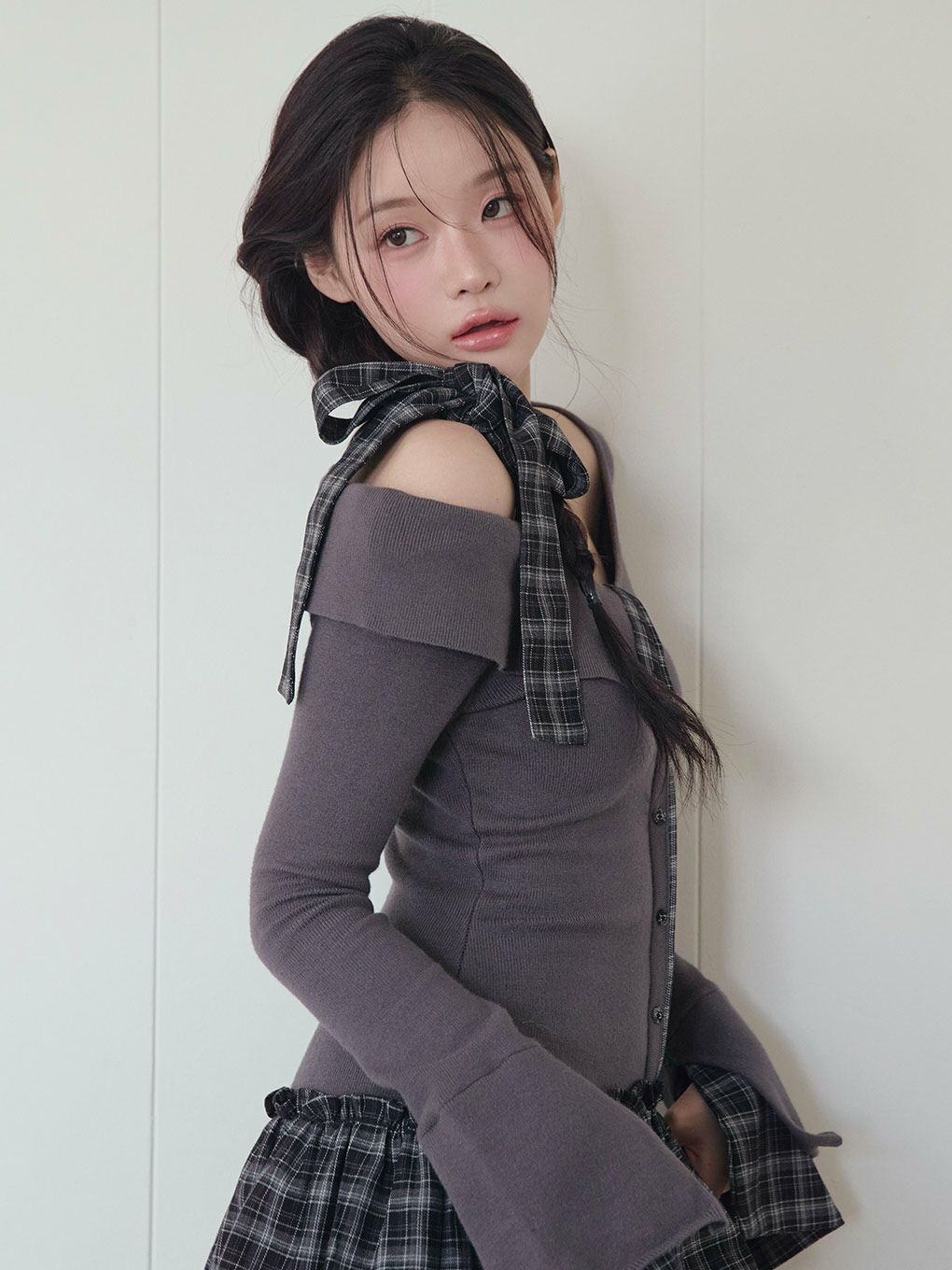 【BUBBLES】チェックリボンワンショルワンピース