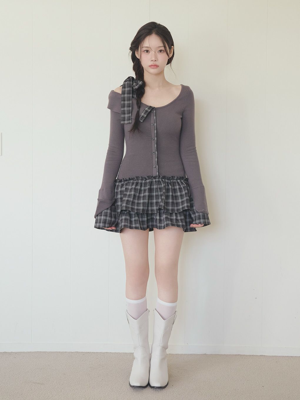 【BUBBLES】チェックリボンワンショルワンピース