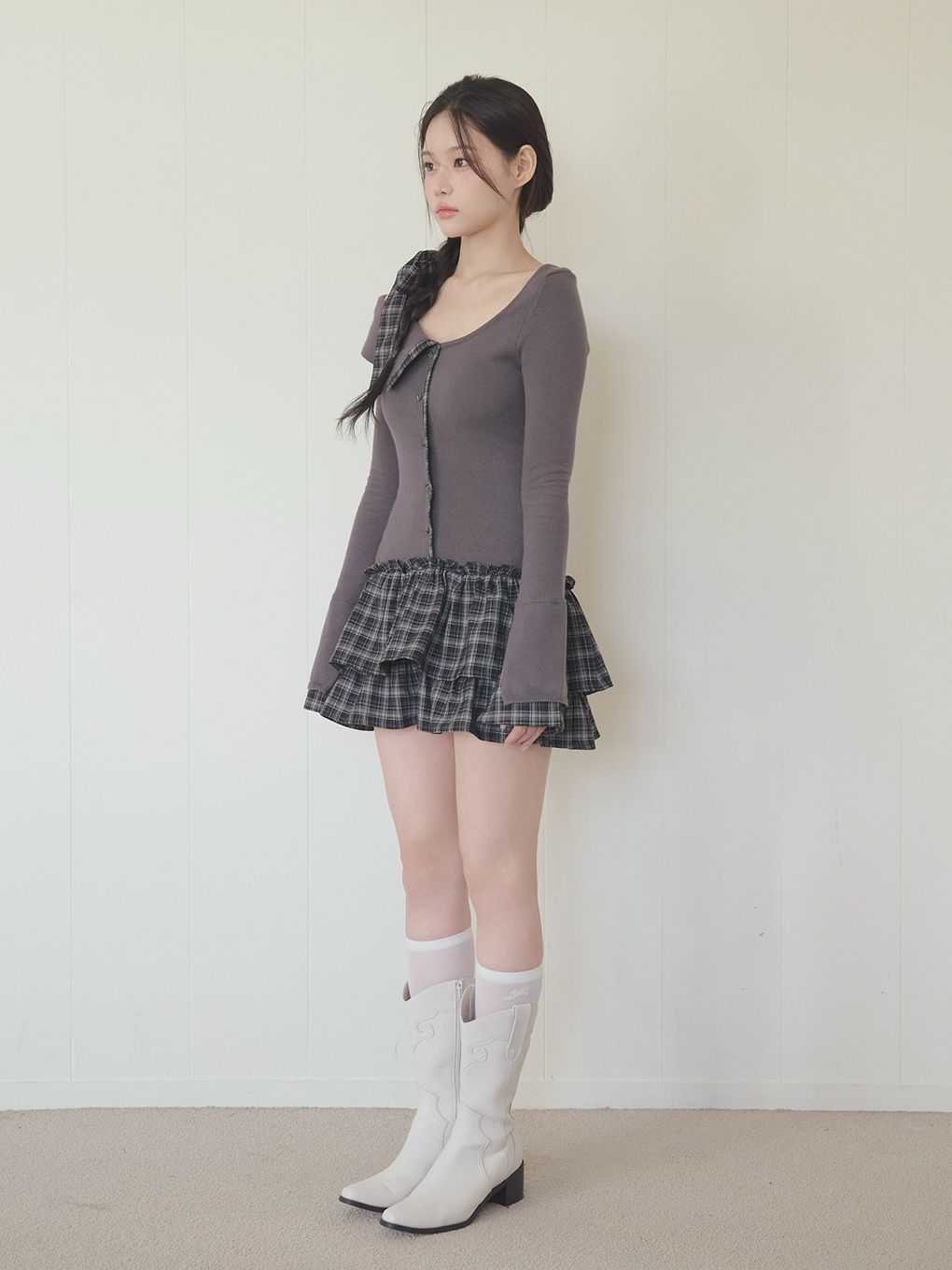 【BUBBLES】チェックリボンワンショルワンピース