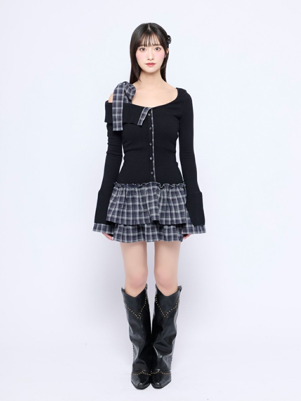 【BUBBLES】チェックリボンワンショルワンピース