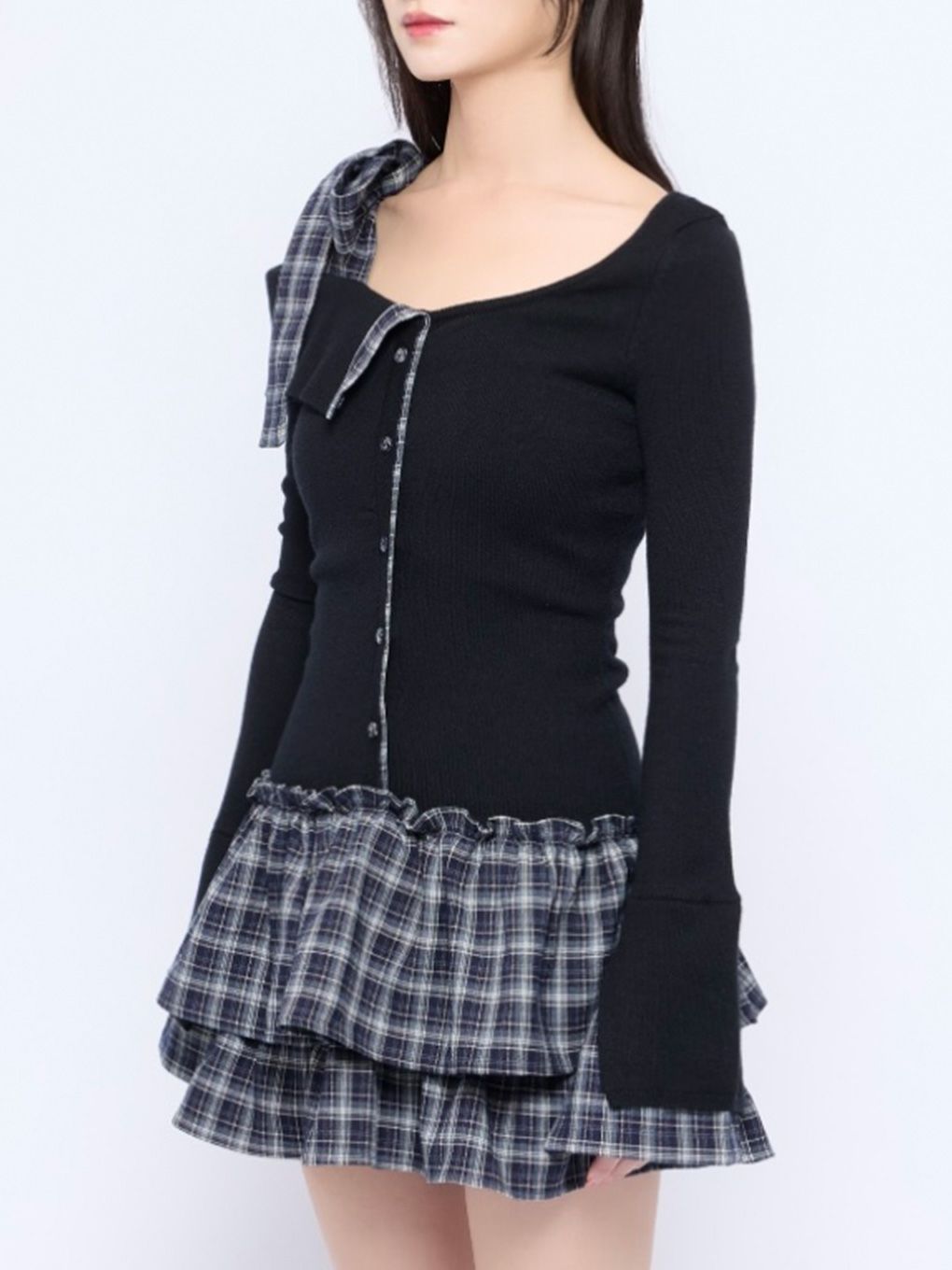 【BUBBLES】チェックリボンワンショルワンピース