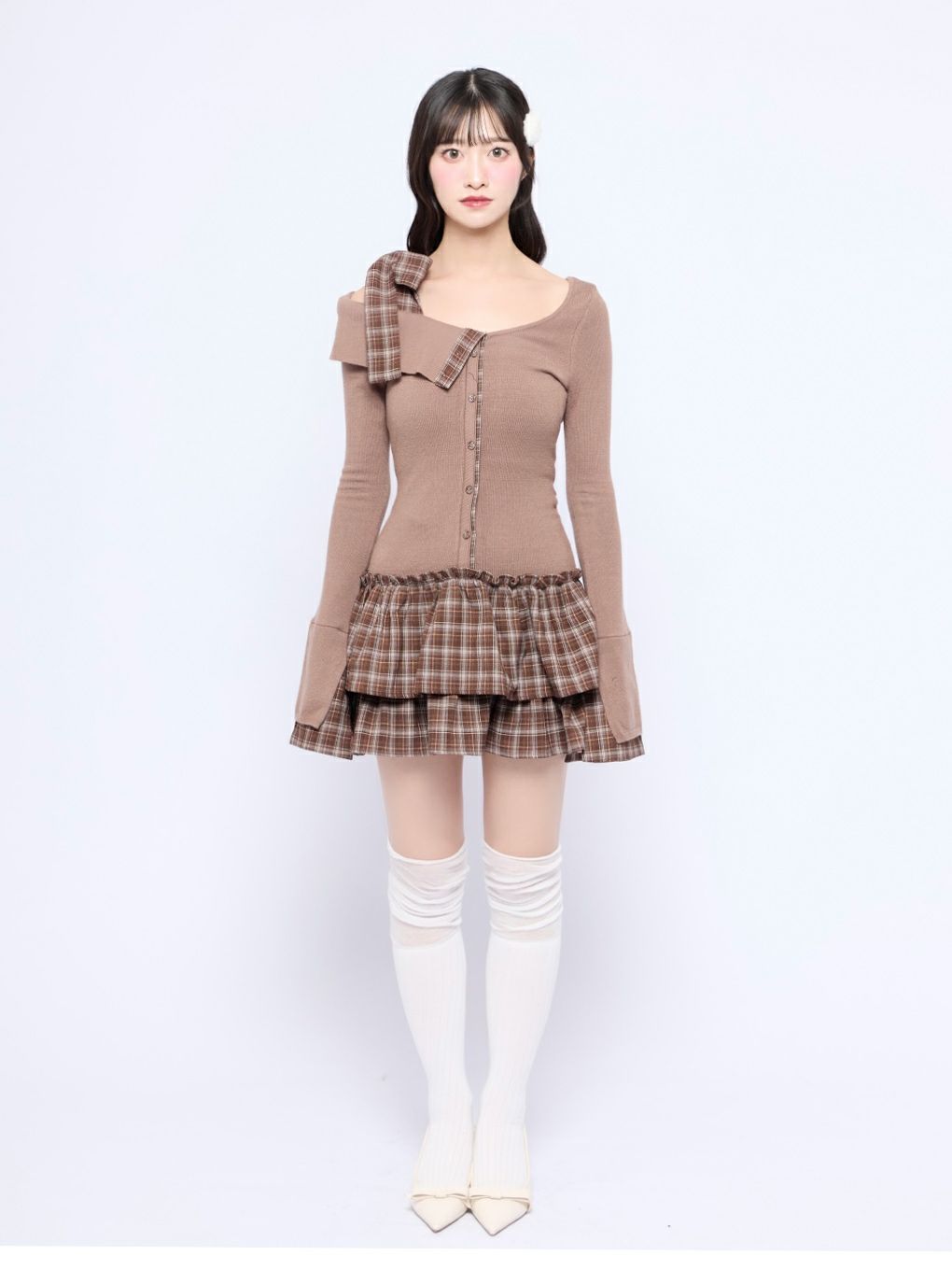 【BUBBLES】チェックリボンワンショルワンピース