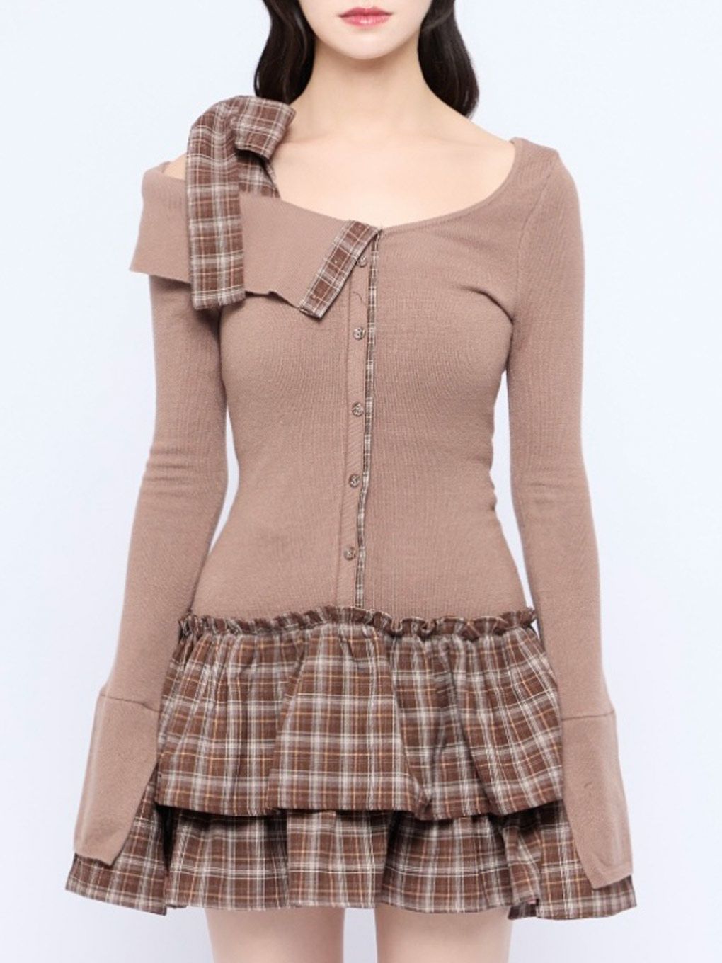 【BUBBLES】チェックリボンワンショルワンピース