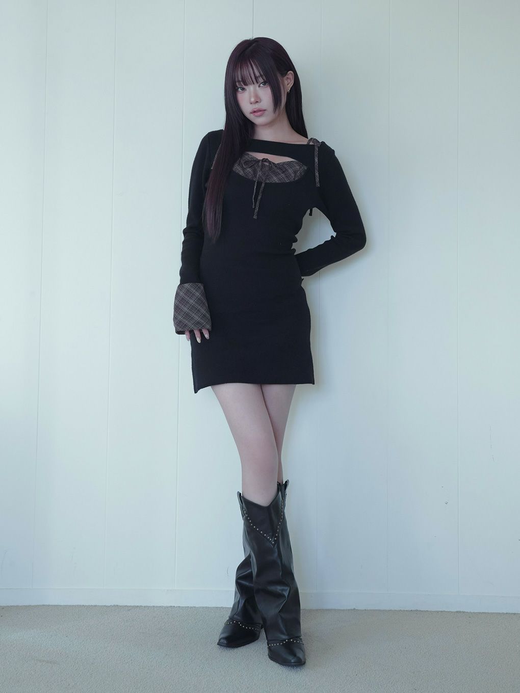 【BUBBLES】オープンリボンチェックワンピース