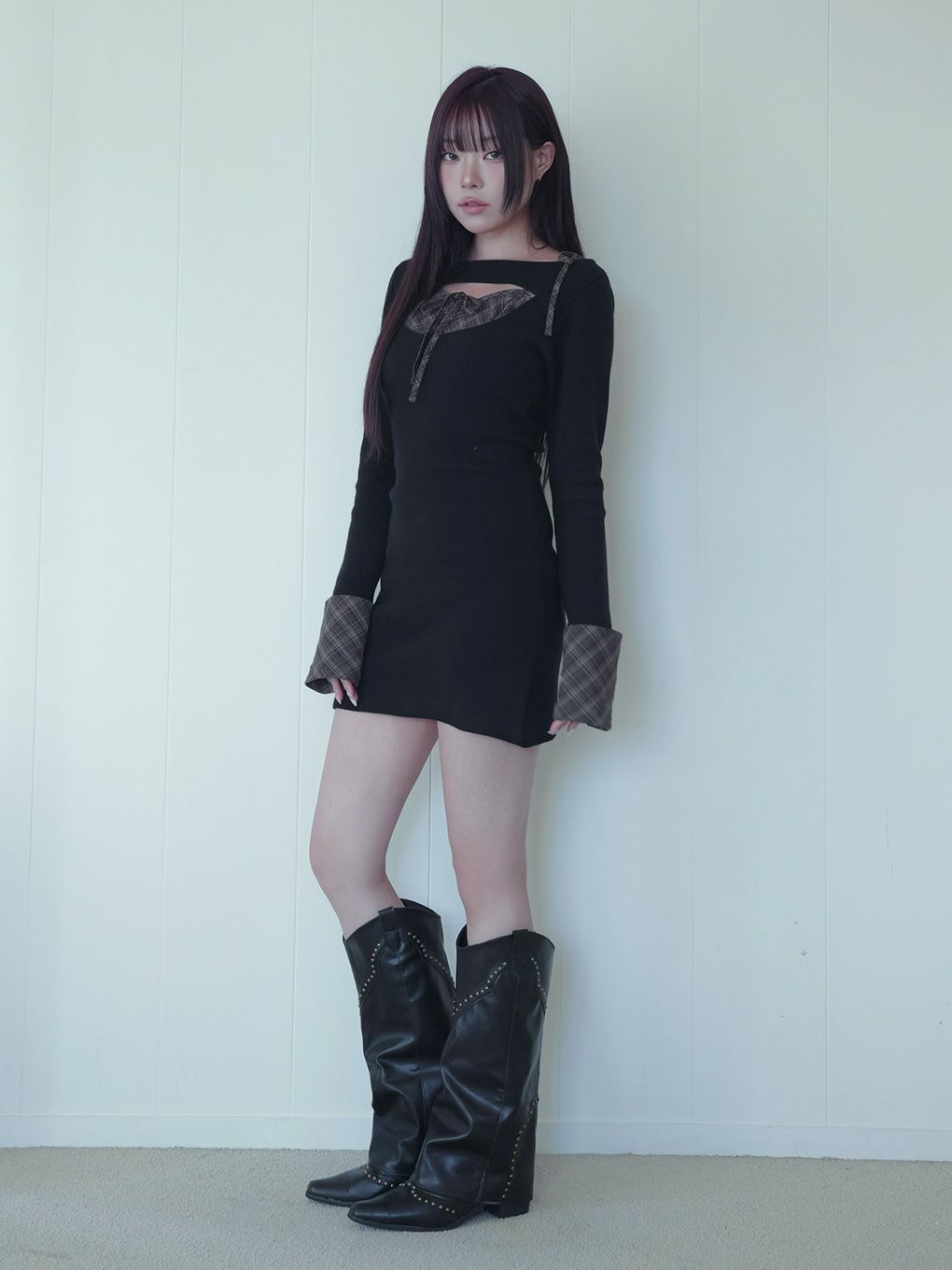 【BUBBLES】オープンリボンチェックワンピース