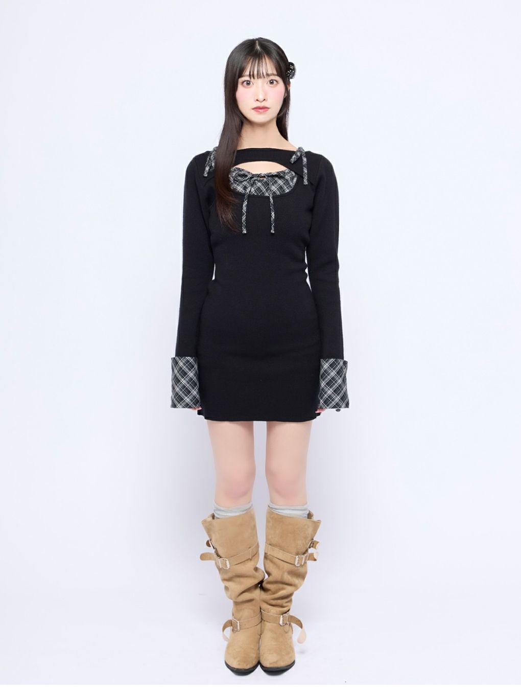 【BUBBLES】オープンリボンチェックワンピース