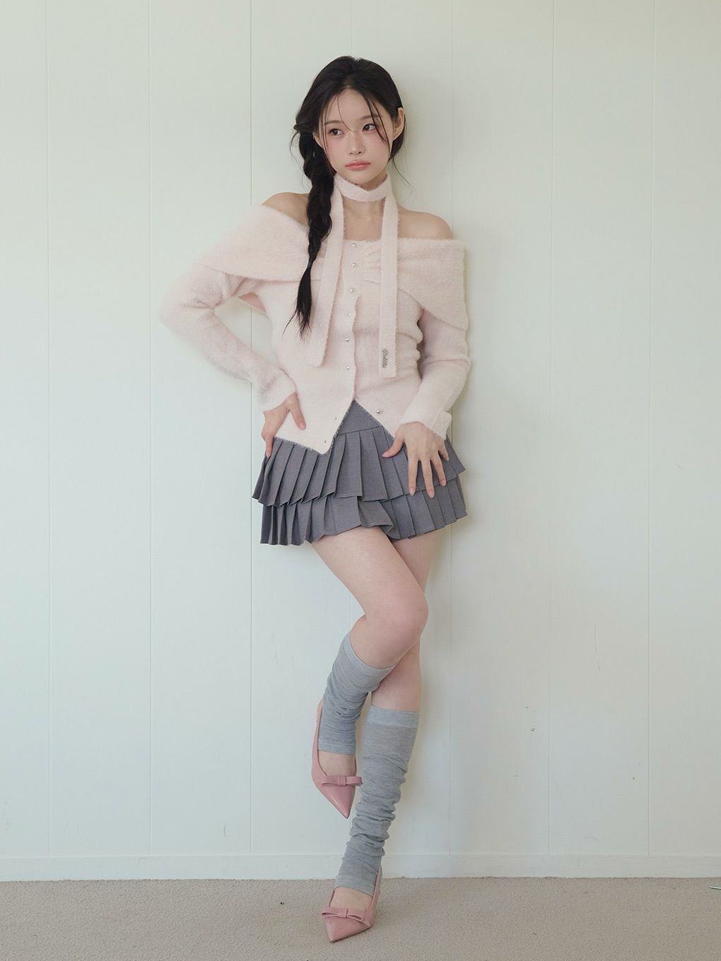 【BUBBLES】リボンタイオフショルニット