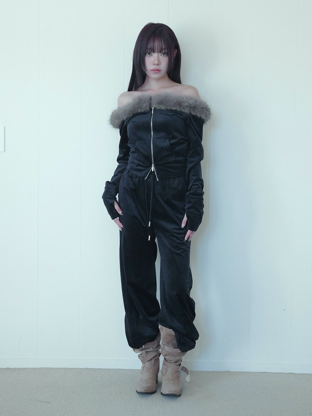 【BUBBLES】ベルベットファーオフショルトップス