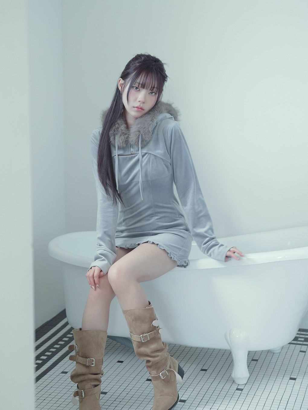 【BUBBLES】ベルベットファーパーカーワンピース