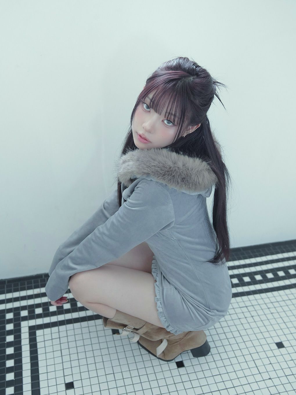 【BUBBLES】ベルベットファーパーカーワンピース