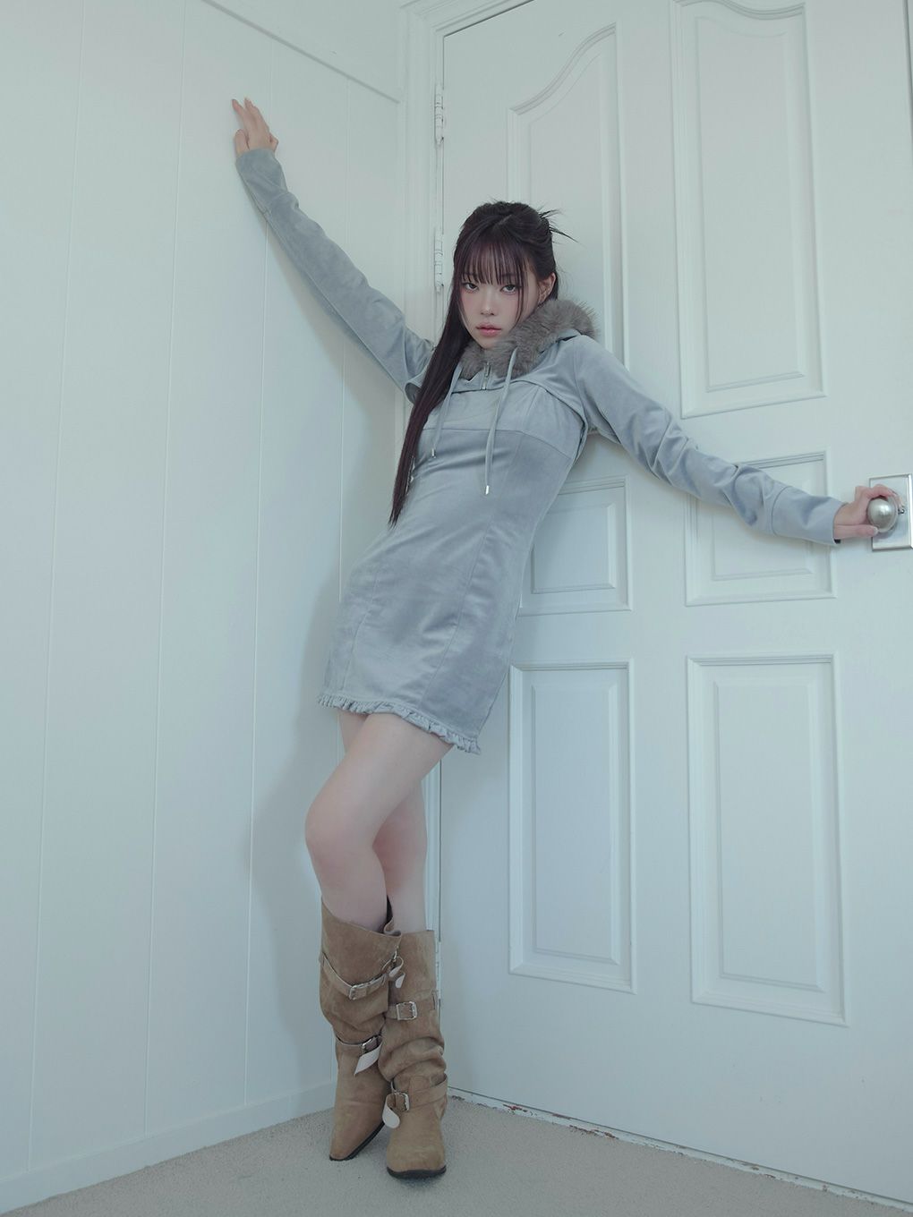 【BUBBLES】ベルベットファーパーカーワンピース