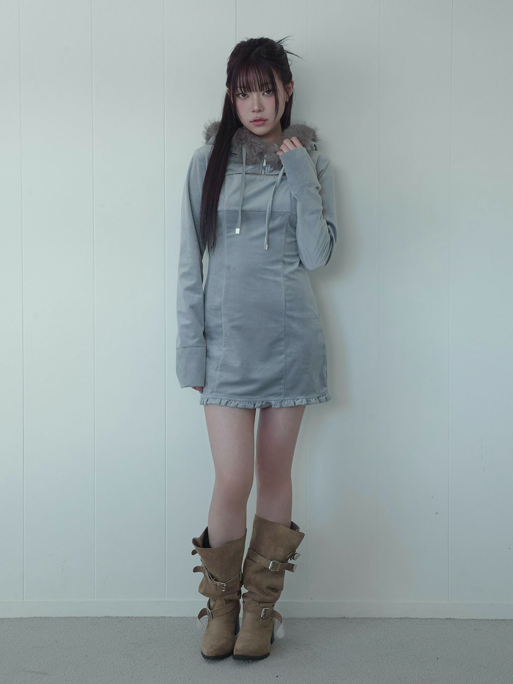 【BUBBLES】ベルベットファーパーカーワンピース