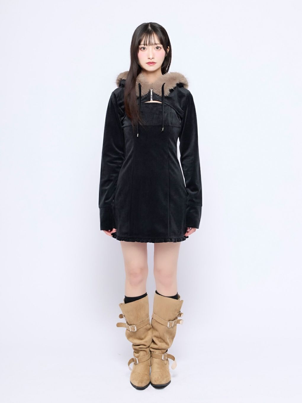【BUBBLES】ベルベットファーパーカーワンピース