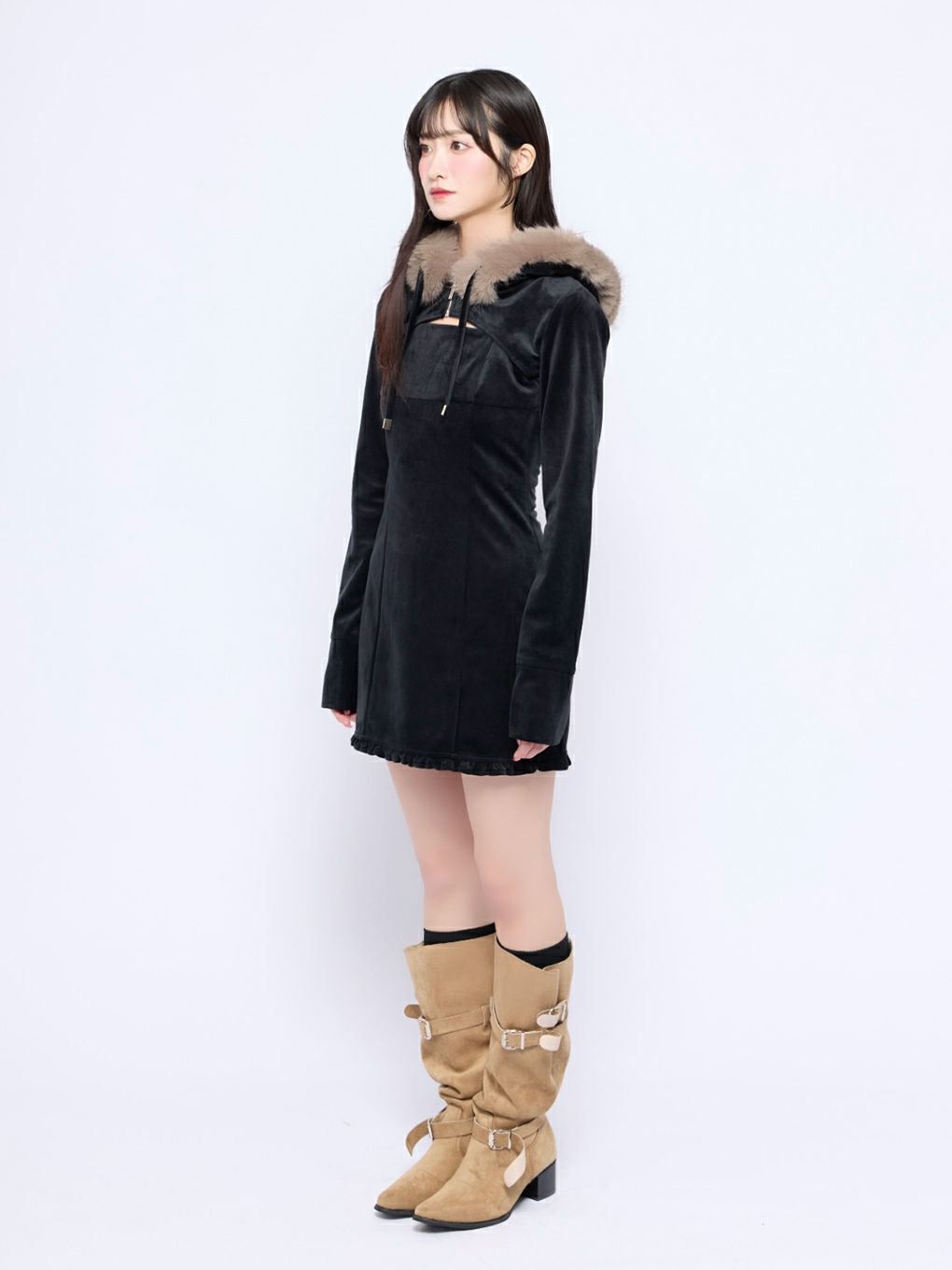 【BUBBLES】ベルベットファーパーカーワンピース