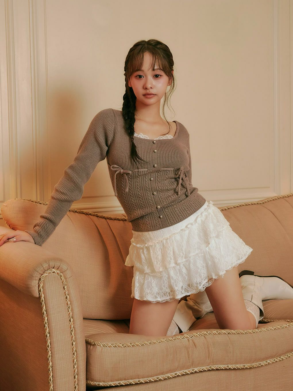 【BUBBLES】リボンケーブルニットトップス