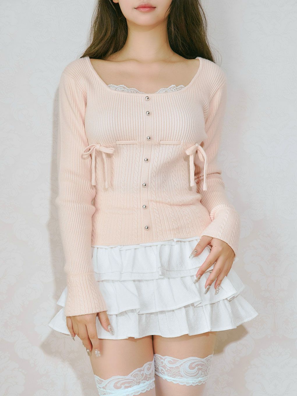 【BUBBLES】リボンケーブルニットトップス