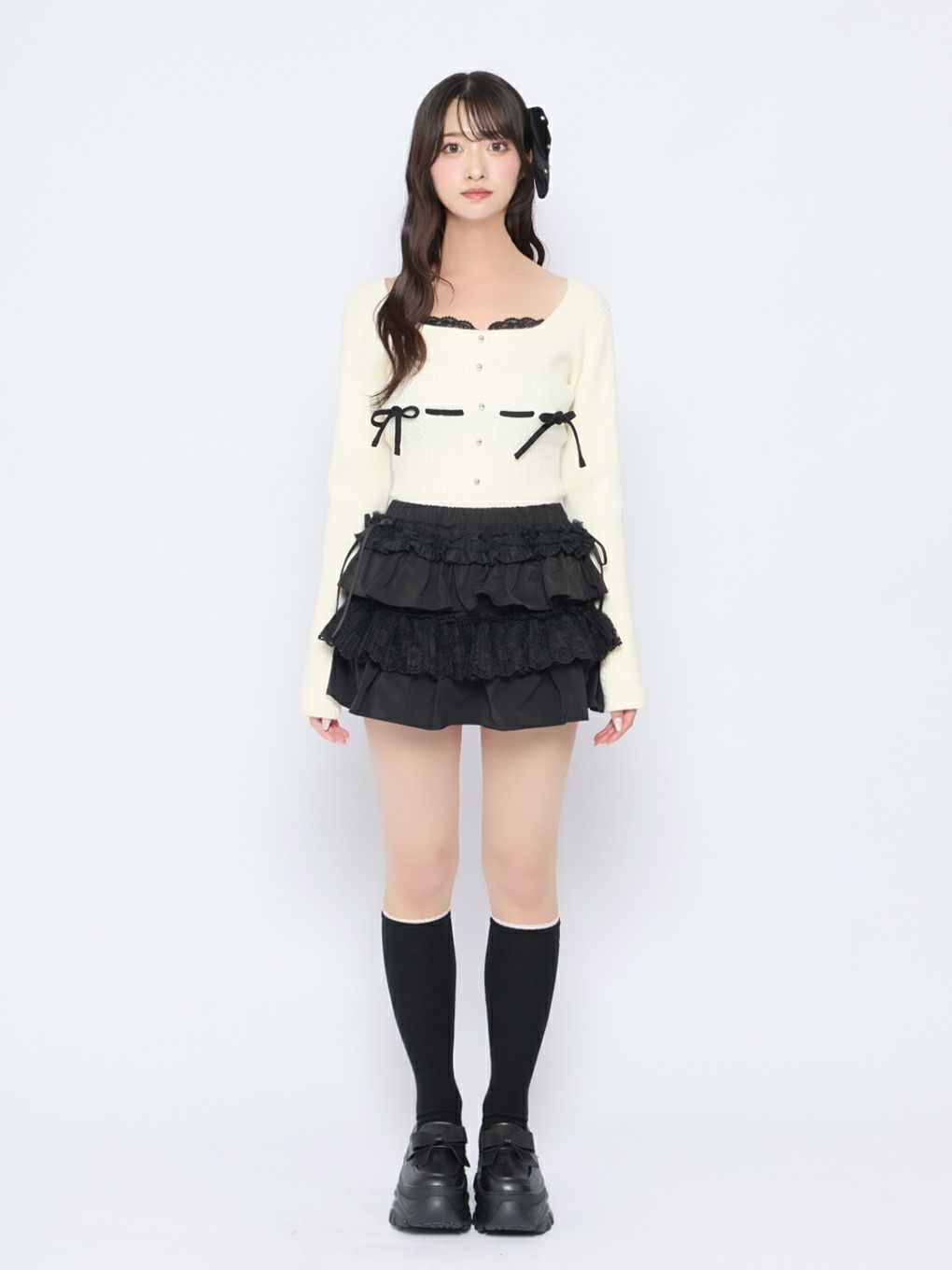 【BUBBLES】リボンケーブルニットトップス