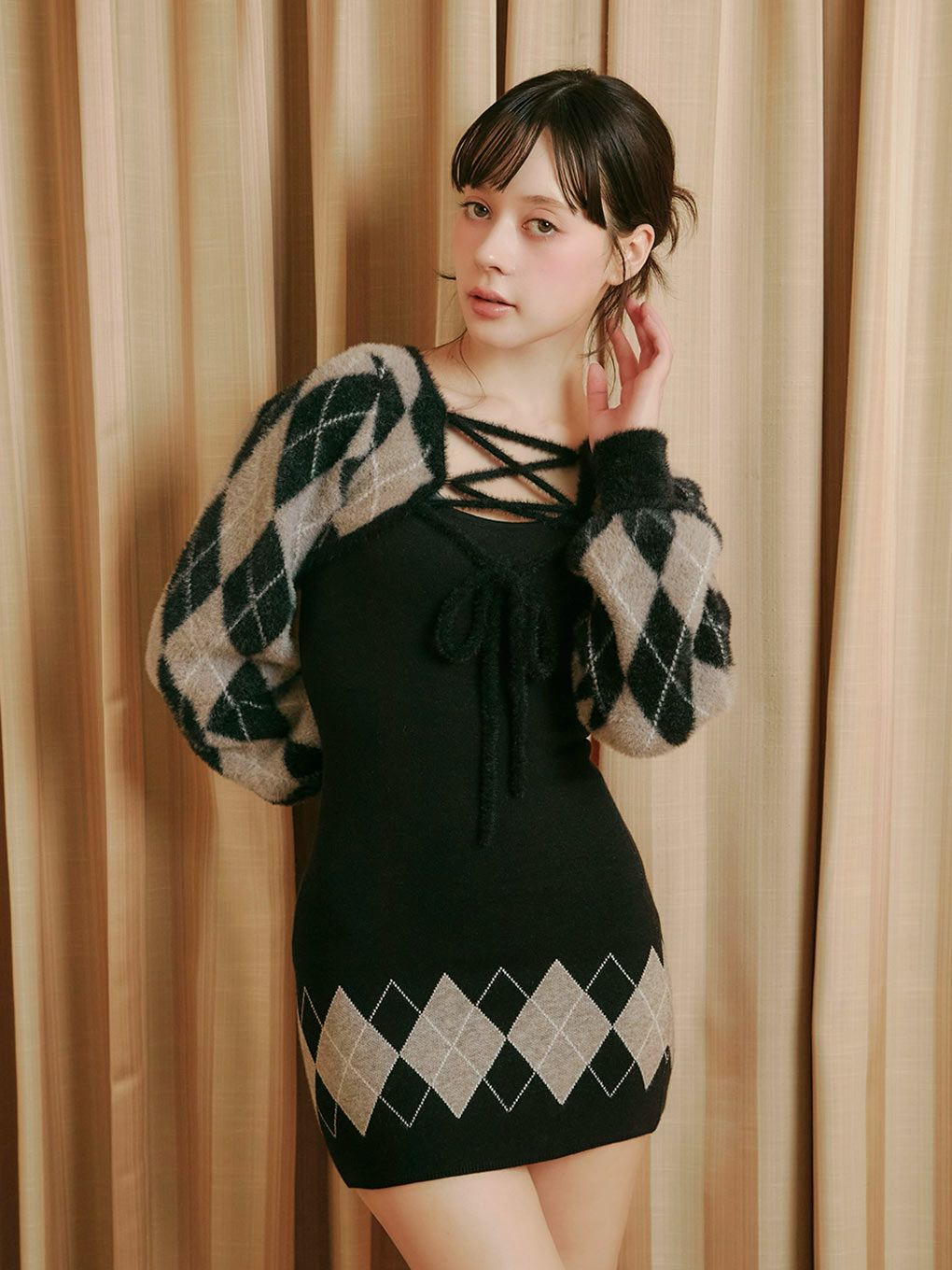 【BUBBLES】レースアップアーガイルワンピース