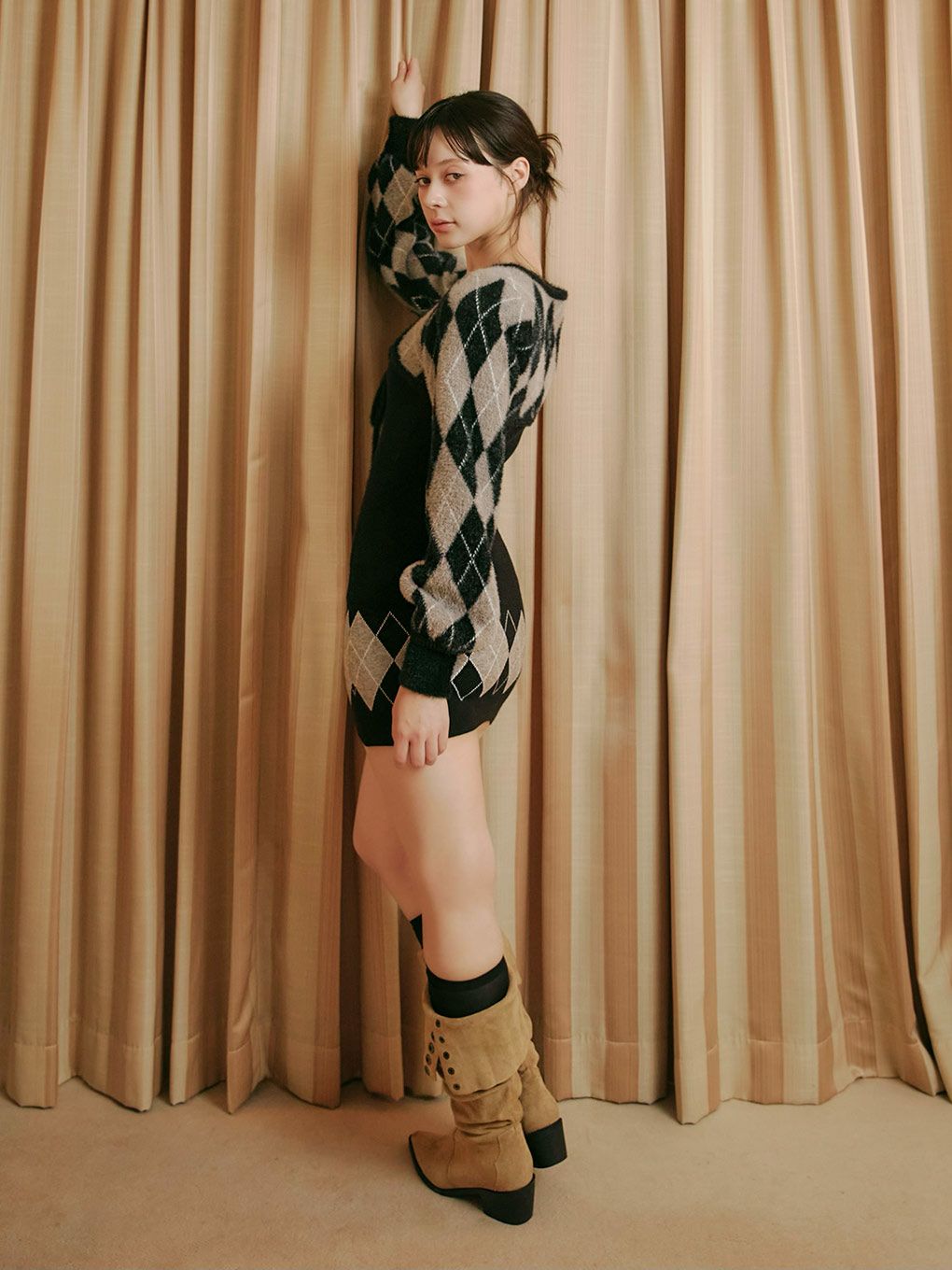 【BUBBLES】レースアップアーガイルワンピース