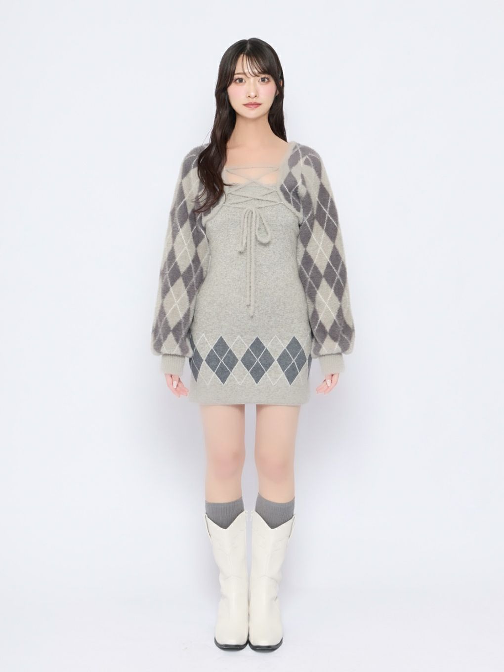 【BUBBLES】レースアップアーガイルワンピース