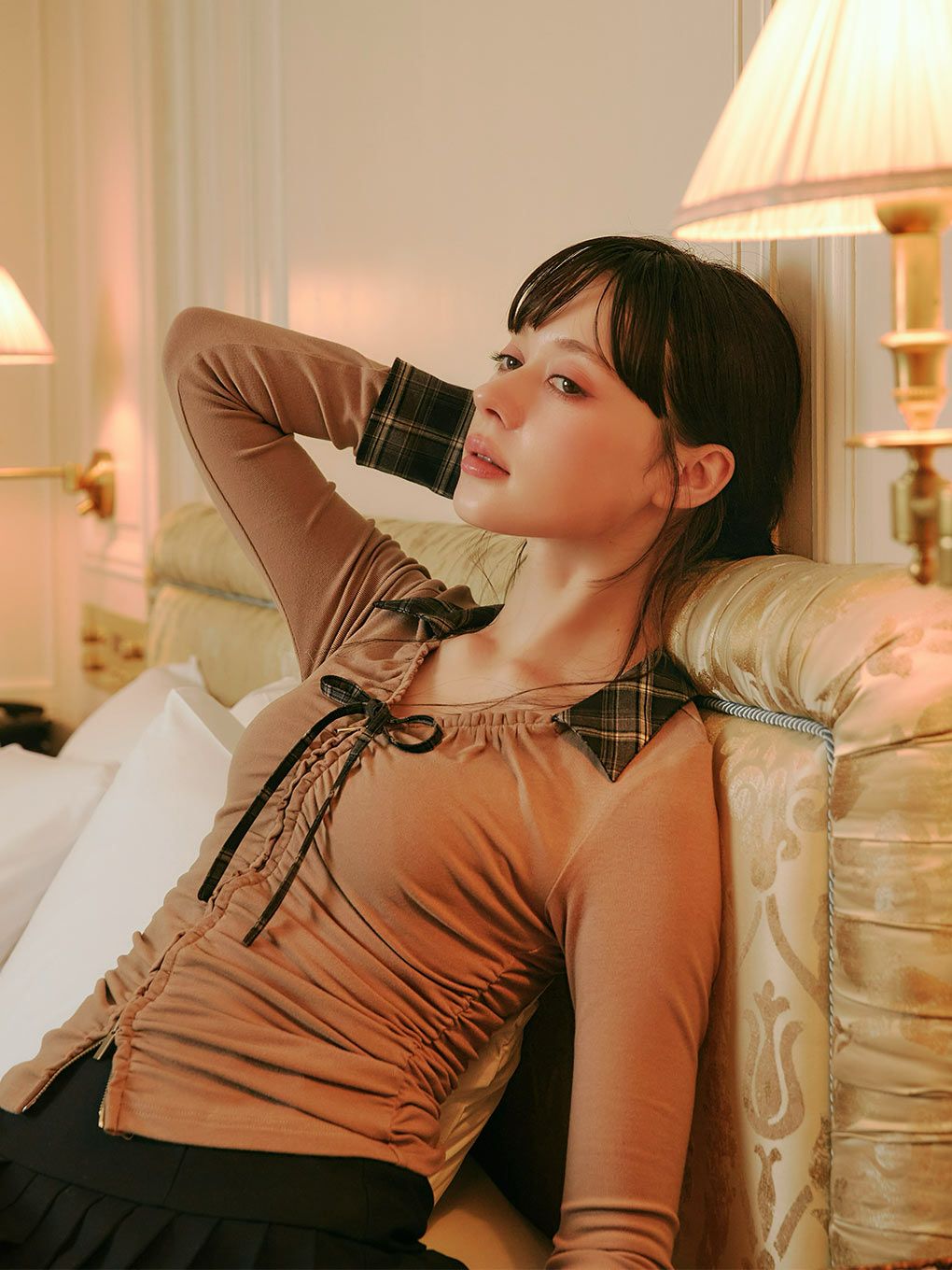 【BUBBLES】ギャザーリボンシャツトップス