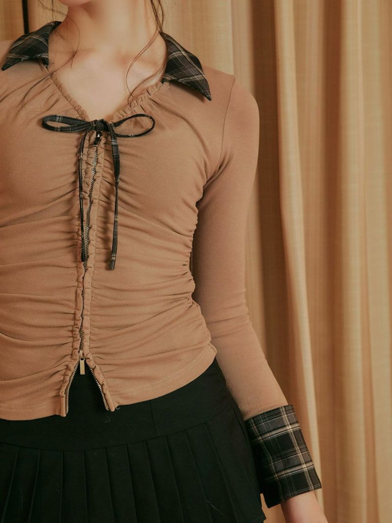 BUBBLES ギャザーリボンシャツトップス グレー BUBBLES ギャザーリボン