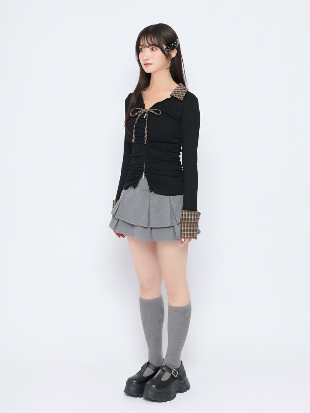 【BUBBLES】ギャザーリボンシャツトップス